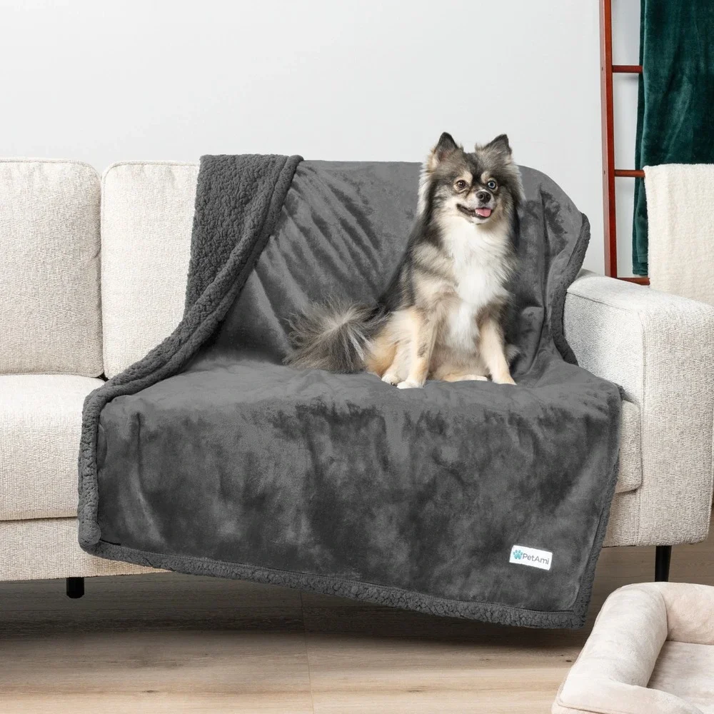 PetAmi Waterproof Dog Blanket Large 60x40 Reversible Sherpa Fleece Grey